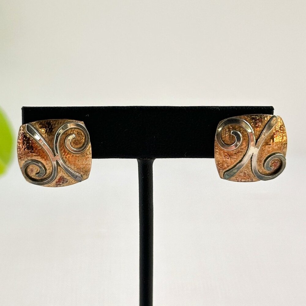 Modernist Sterling Silver & Copper Earrings For Pierced Ears 5/8" Unique Square